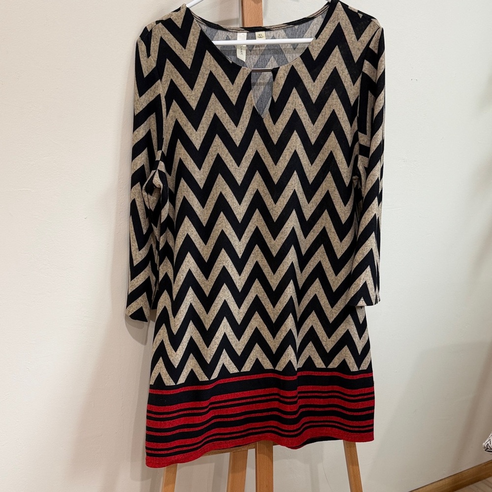 Tacera Black and Tan Chevron Dress with Red Trim